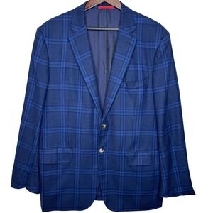 Isaia Wool Blue Plaid Windowpane Blazer Size 48 (58EU) Unfinished Sleeves